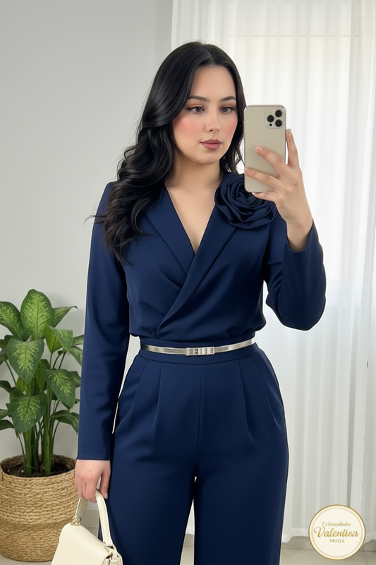 Conjunto 2 Piezas Azul Marino Top Cruzado Manga Larga y Palazzo cod.00139