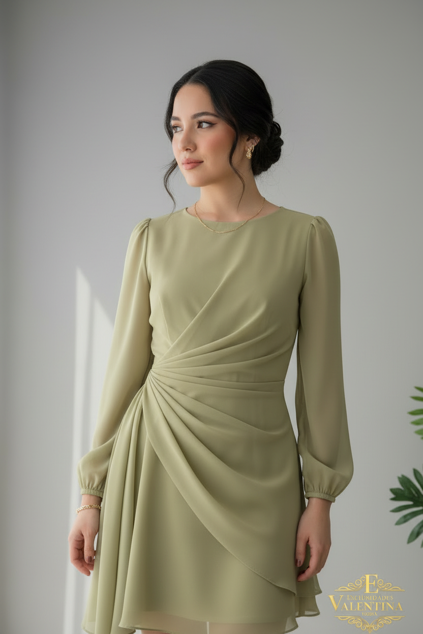 Vestido Verde Oliva Manga Larga Chifón Drapeado Asimétrico cod.935