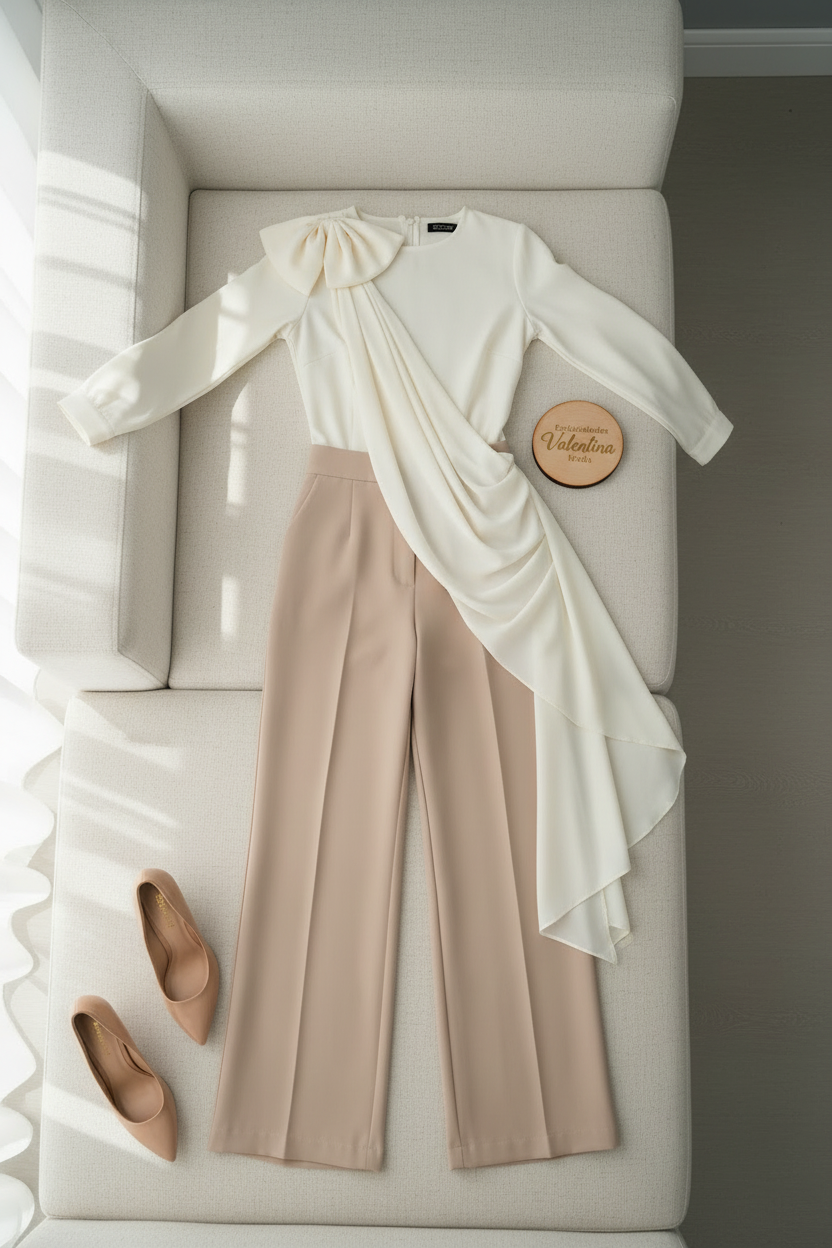 Conjunto Ivory Drape & Beige Palazzo – Top Crema Drapeado Asimétrico con Lazo + Pantalón Palazzo Beige cod.698