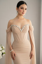 Vestido Largo Champagne Nude Off-Shoulder Corset con Cristales Perlas y Capa de Chifón cod.V 96