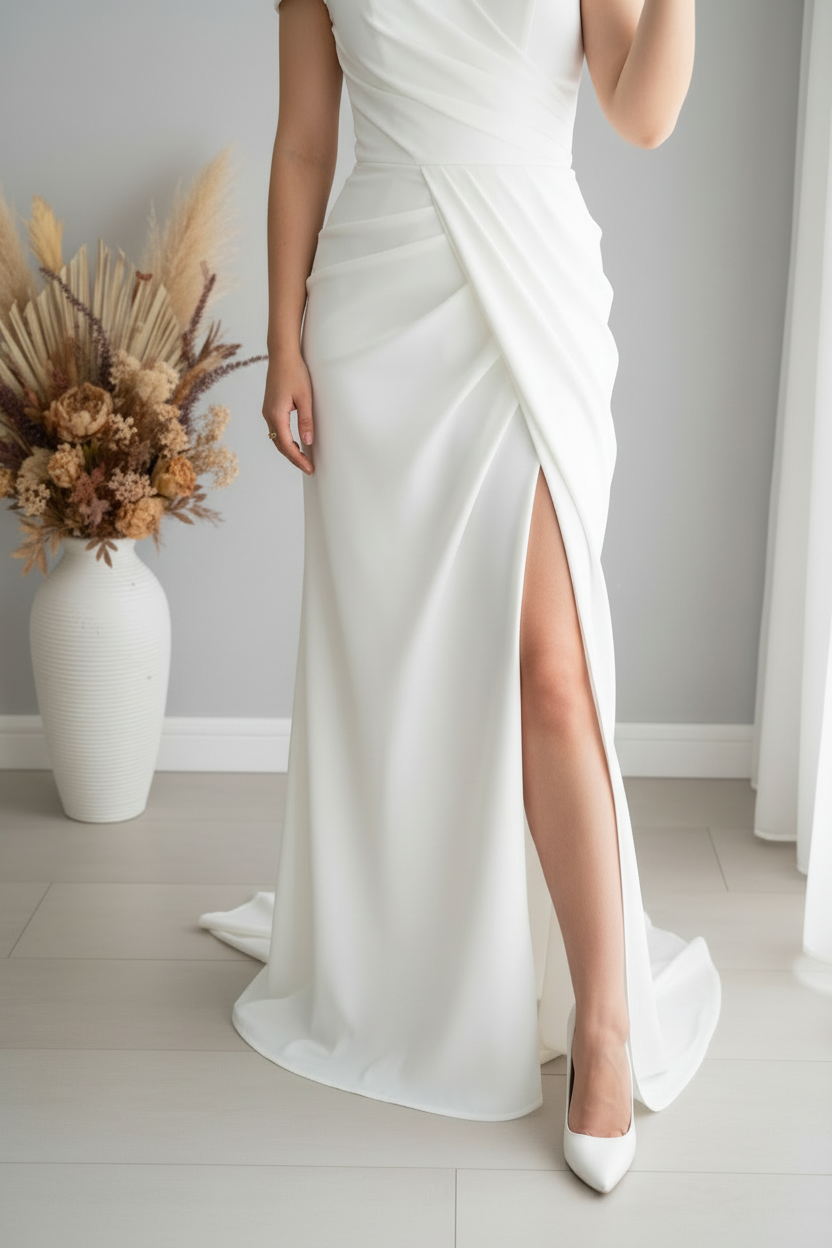 Vestido Blanco Un Hombro Sirena con Rosa 3D y Abertura cod.V368