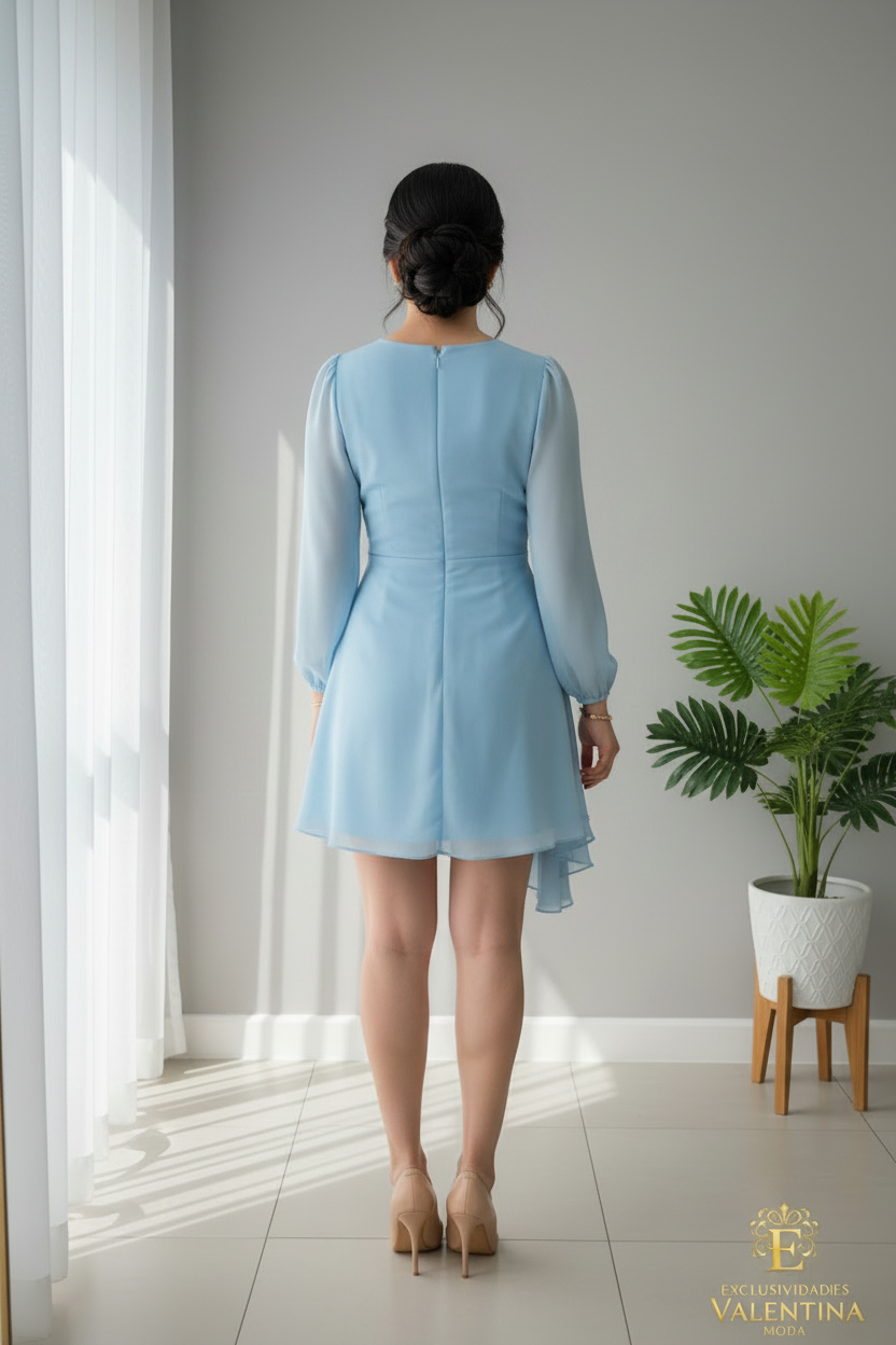 Vestido Azul Cielo Manga Larga Chifón Drapeado Asimétrico cod.934