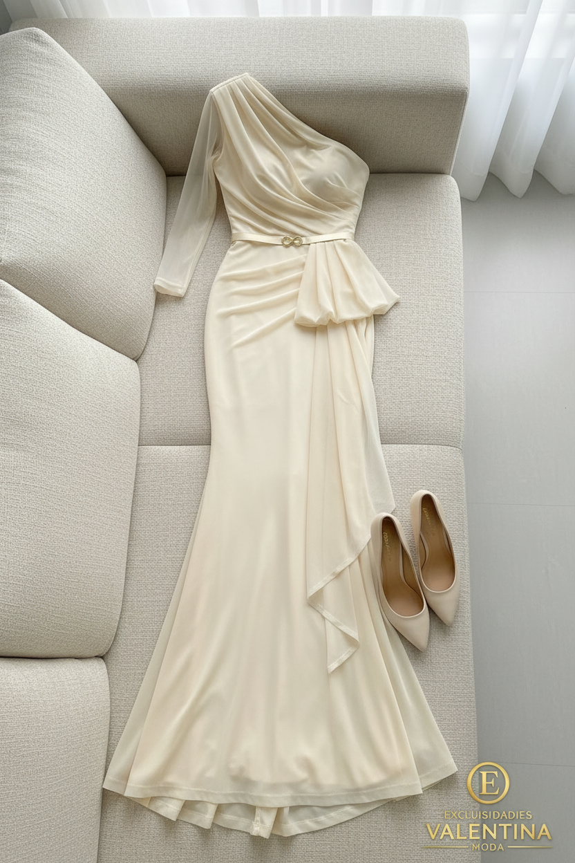 Vestido Sirena Ivory Un Hombro Manga Tul Drapeado cod.V402