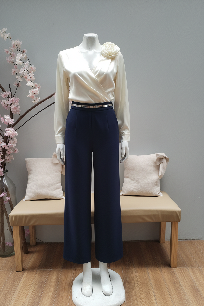 Conjunto Blusa Crema con Rosa 3D y Palazzo Azul Marino cod.C369