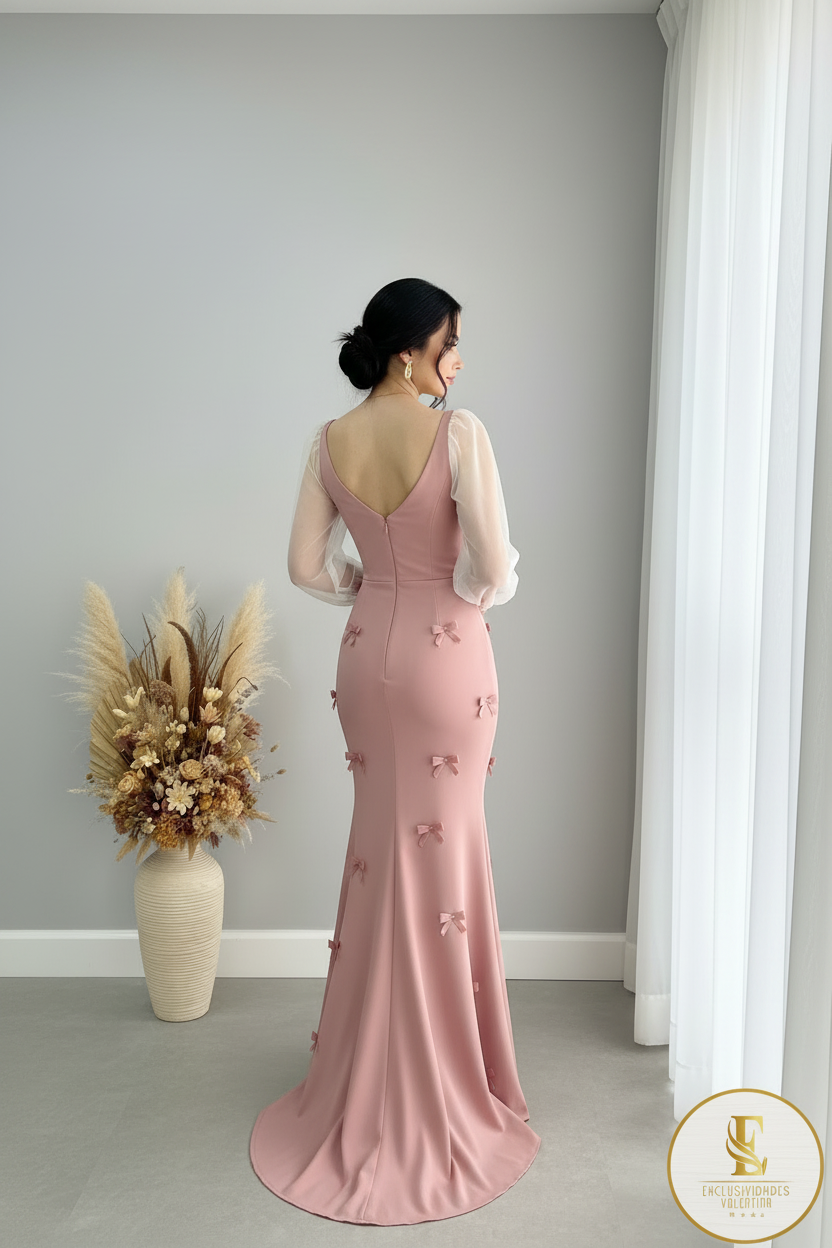 Vestido Rosa Lazos Mangas Largas