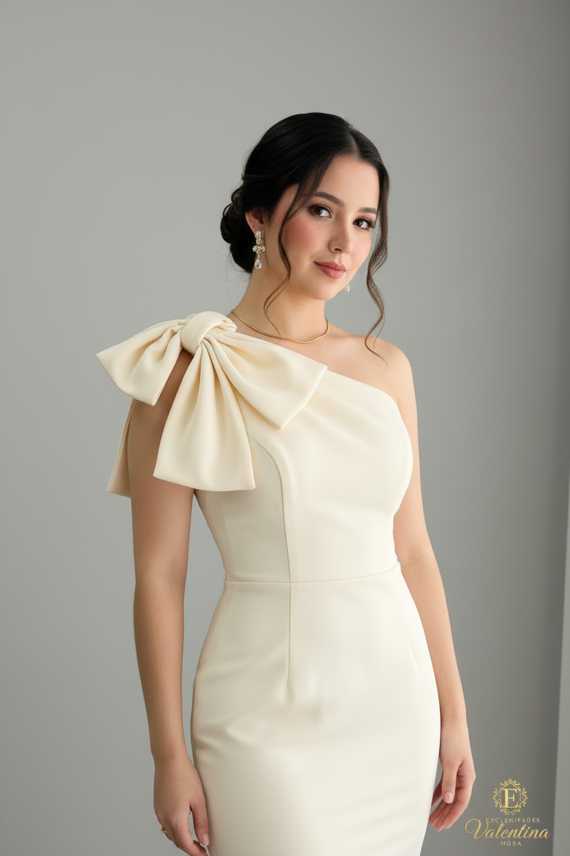 Vestido Marfil Un Hombro Lazo Doble Sirena Cola Larga cod.927