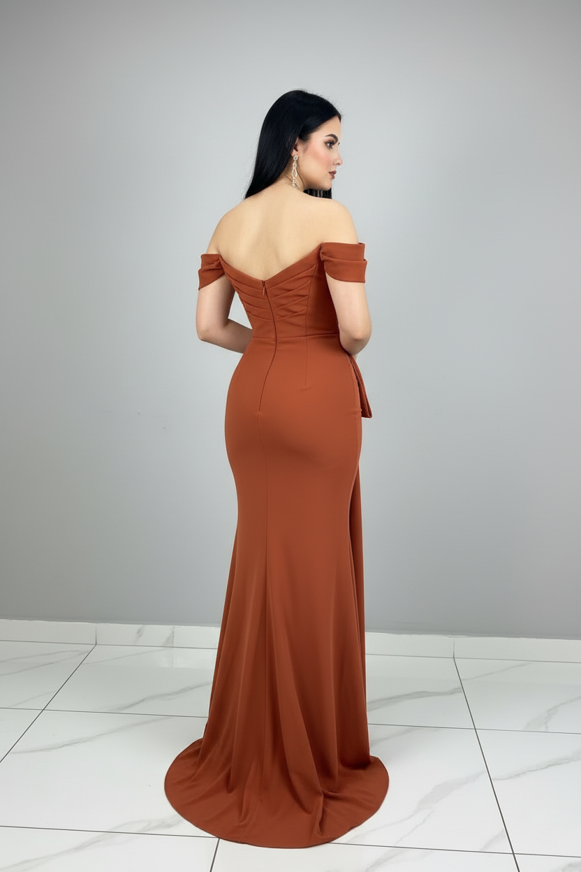 Vestido Sirena Terracota Off-Shoulder con Lazo cod.638