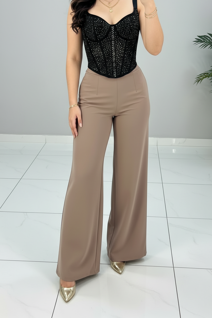 Conjunto Bustier Negro con Brillos y Pantalón Palazzo Topo cod.556