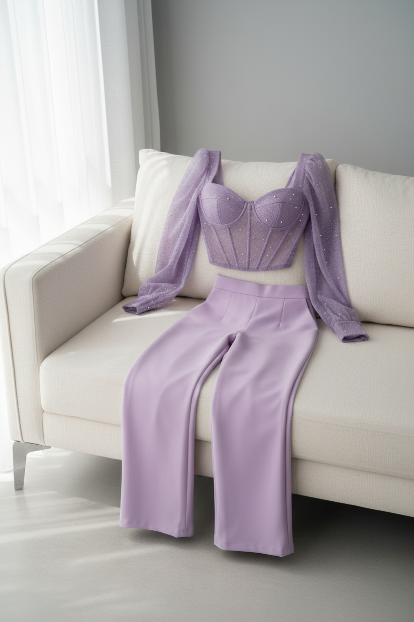 Conjunto Lila Lavanda Corset Tul Perlas + Pantalón Palazzo cod.C695