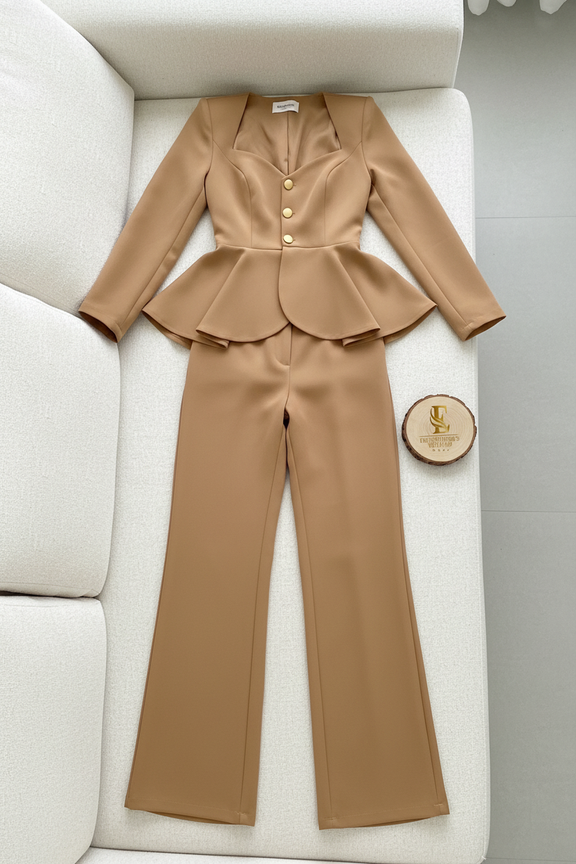 Conjunto Dos Piezas Camel — Blazer Bustier Peplum Botones Dorados & Pantalón Palazzo cod.904
