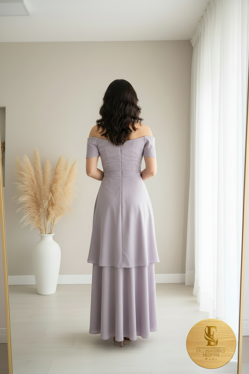 Vestido Lila Off-Shoulder Doble Capa cod.0089