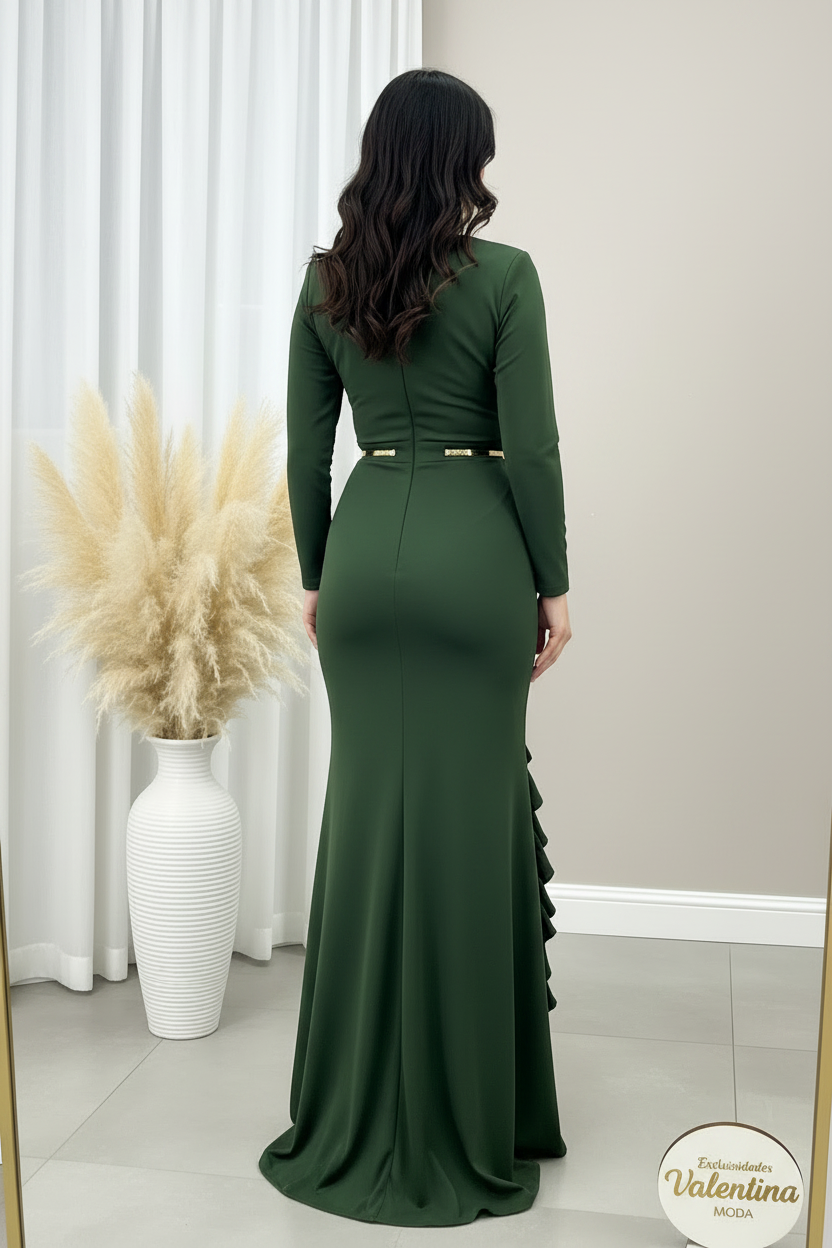 Vestido Verde Bosque Sirena Escote V con Volantes cod.00129