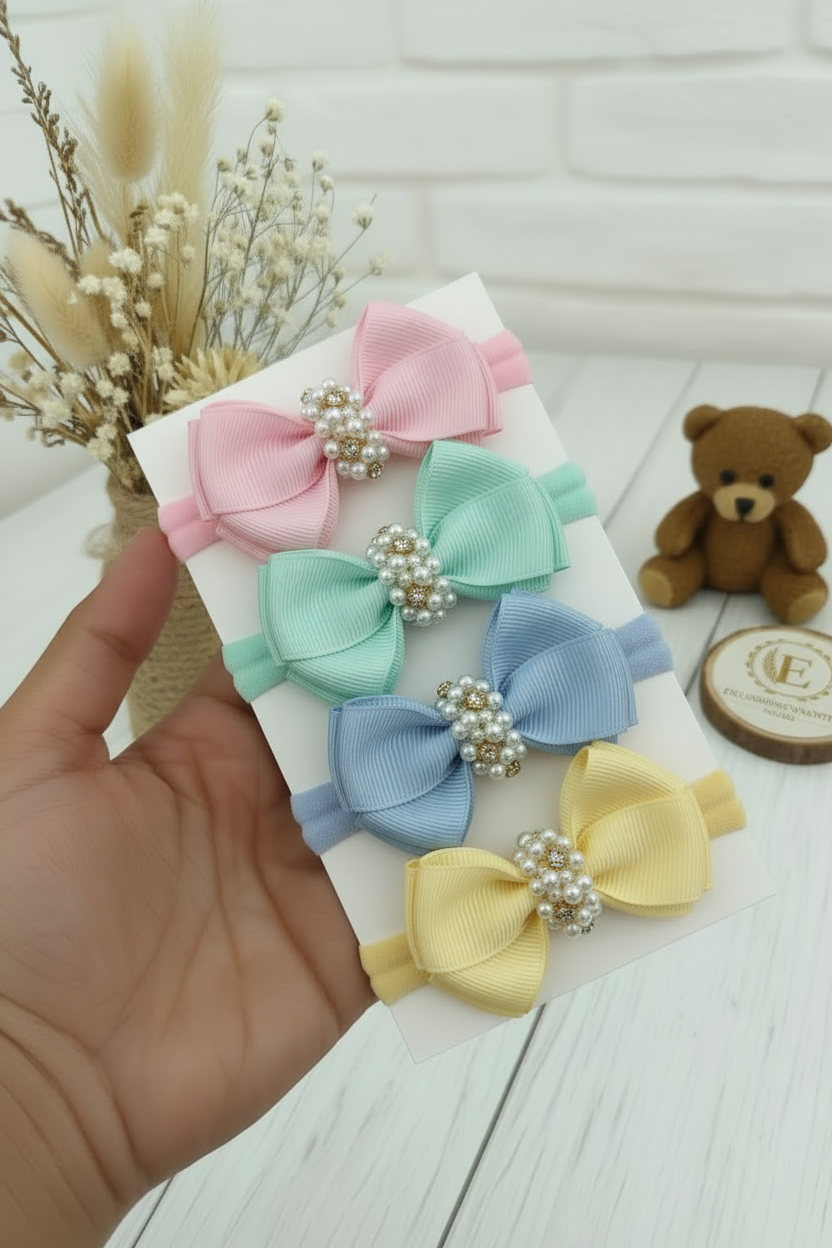 Set x4 Cintillos Pastel con Moño y Perlas