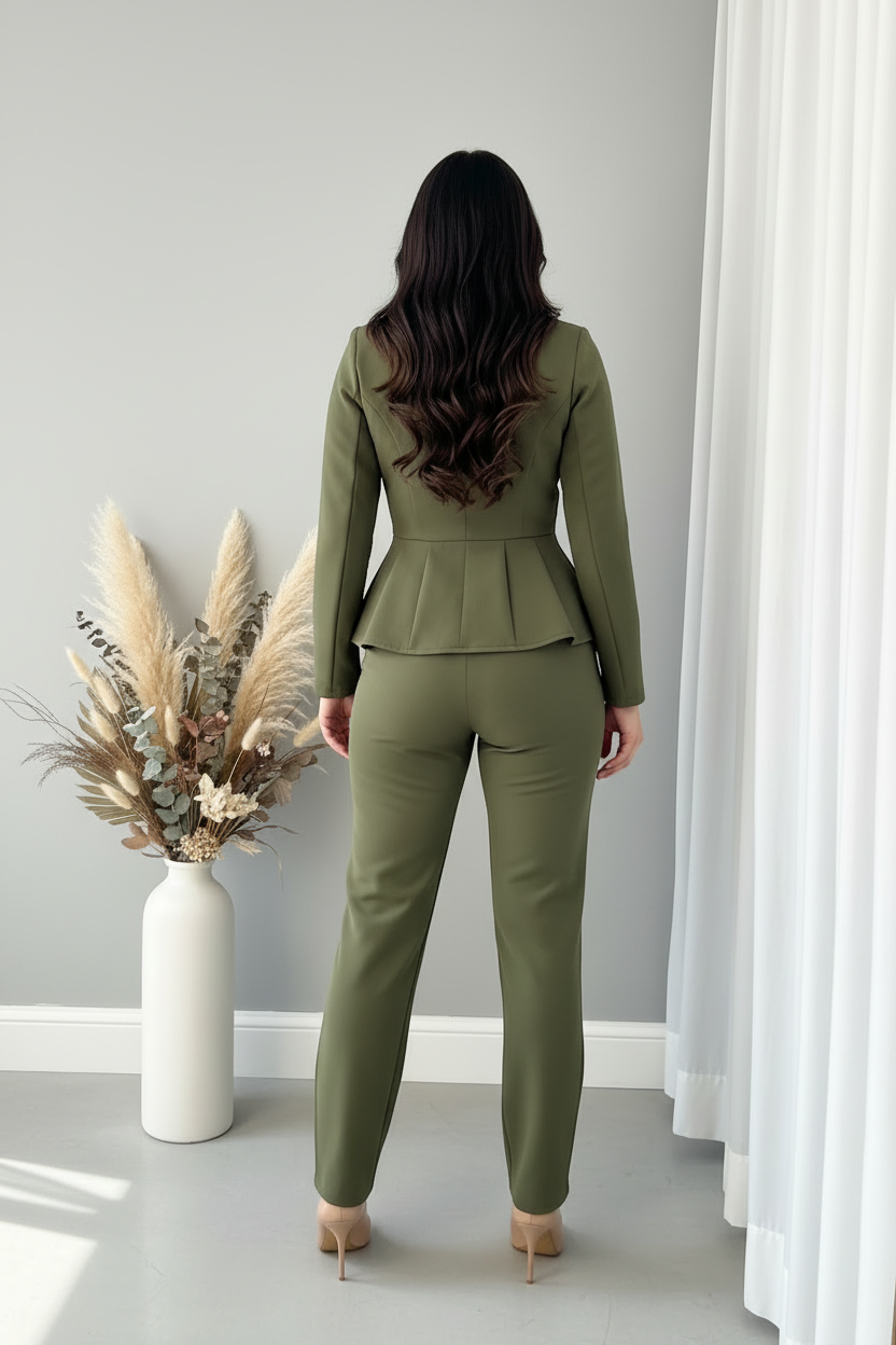 Traje Verde Olivo Blazer Peplum y Pantalón Recto cod.C371