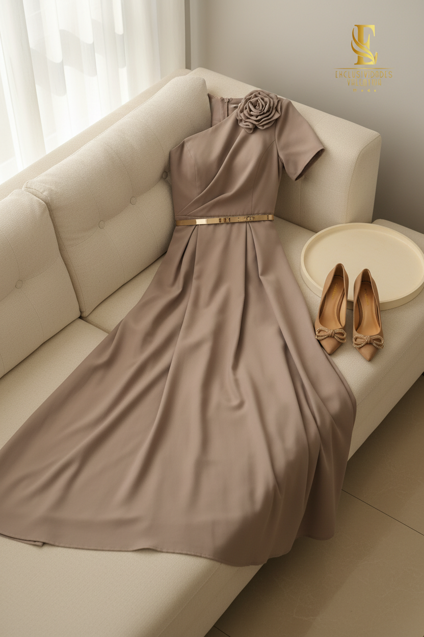 Vestido Taupe Asimétrico Rosa  3D cod.00163