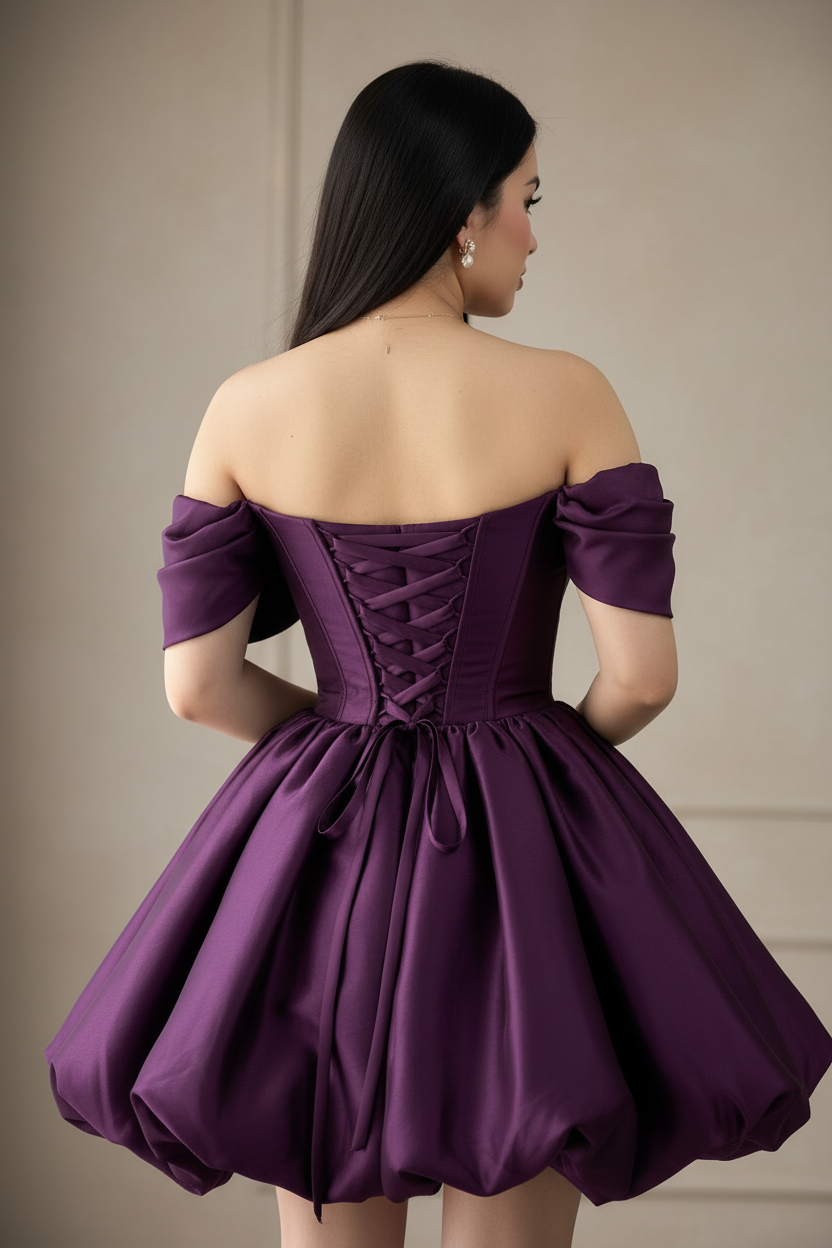 Vestido Morado Uva Off-Shoulder Corsé con Falda Bubble cod.975