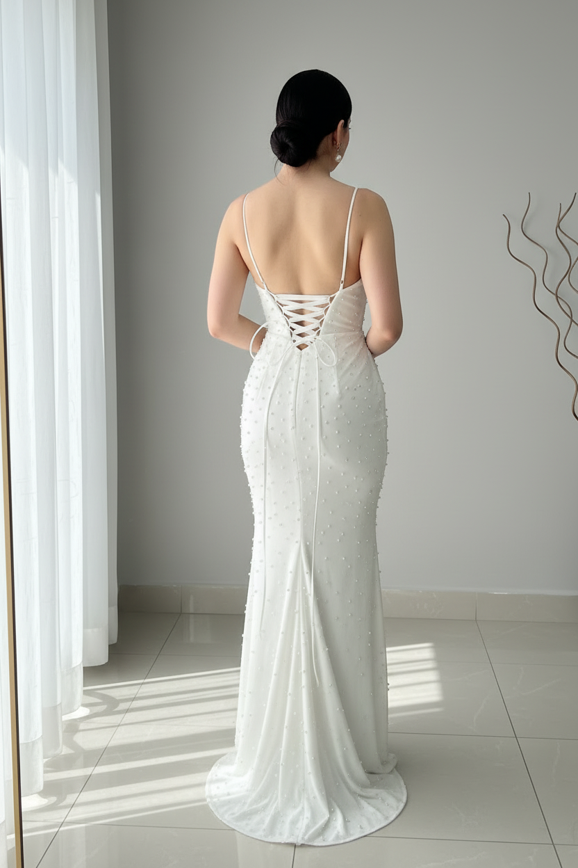 Vestido Blanco Perlas Escote V Rosa 3D  Abertura cod.V323