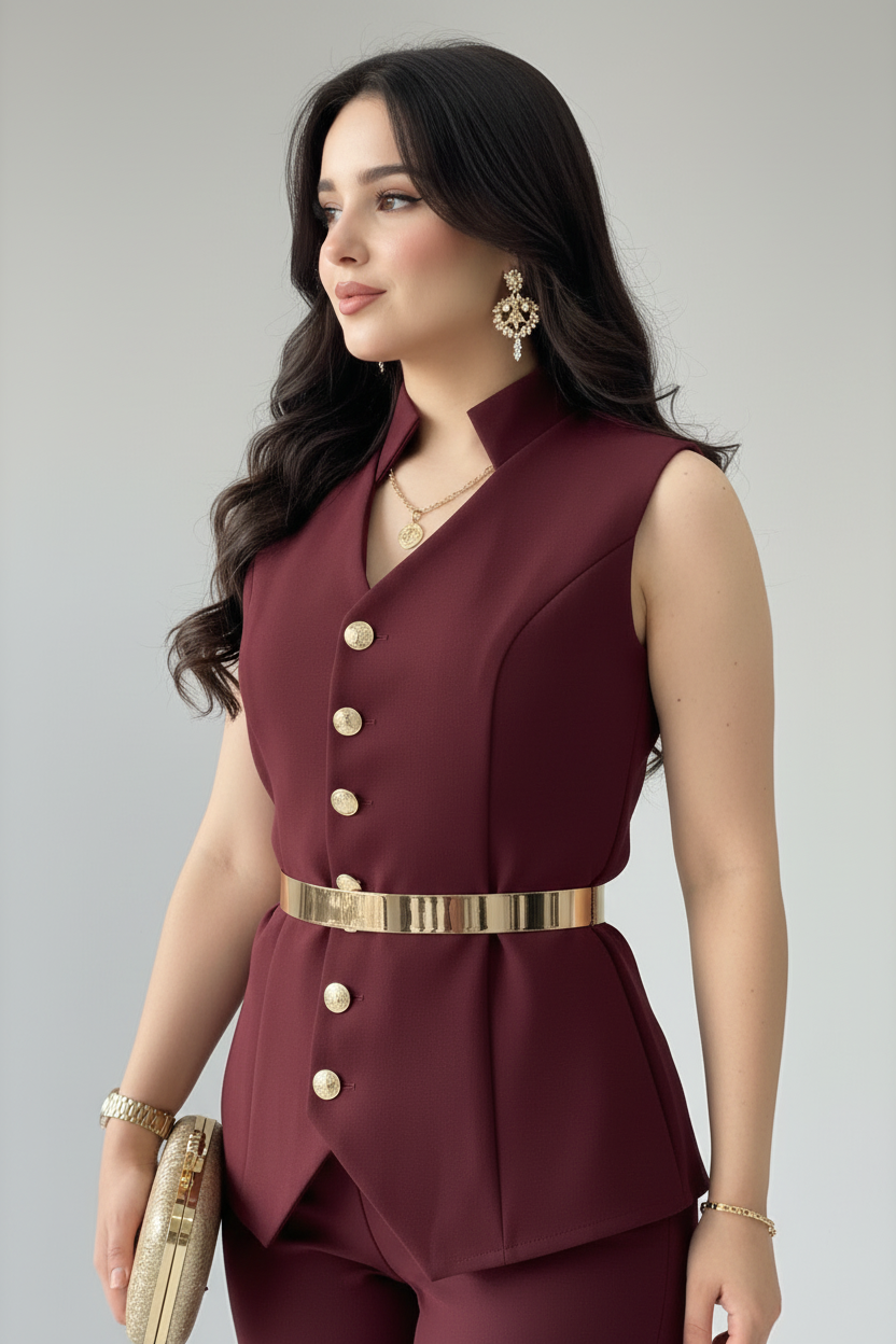 Conjunto Elegante Vino Chaleco Peplum con Botones Dorados y Pantalón Flare cod.519