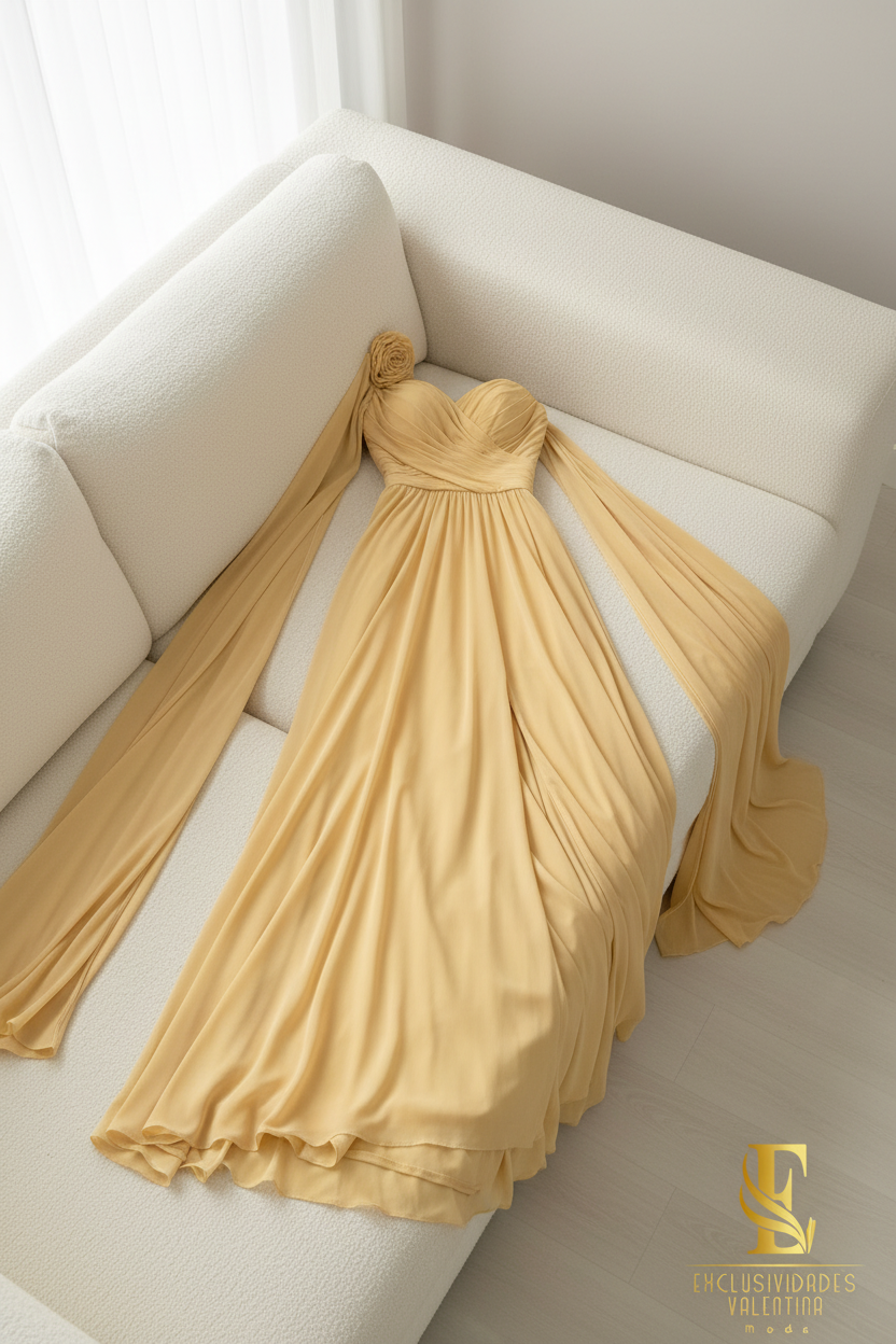 Vestido Amarillo Mantequilla Un Hombro con Rosa 3D cod.V272