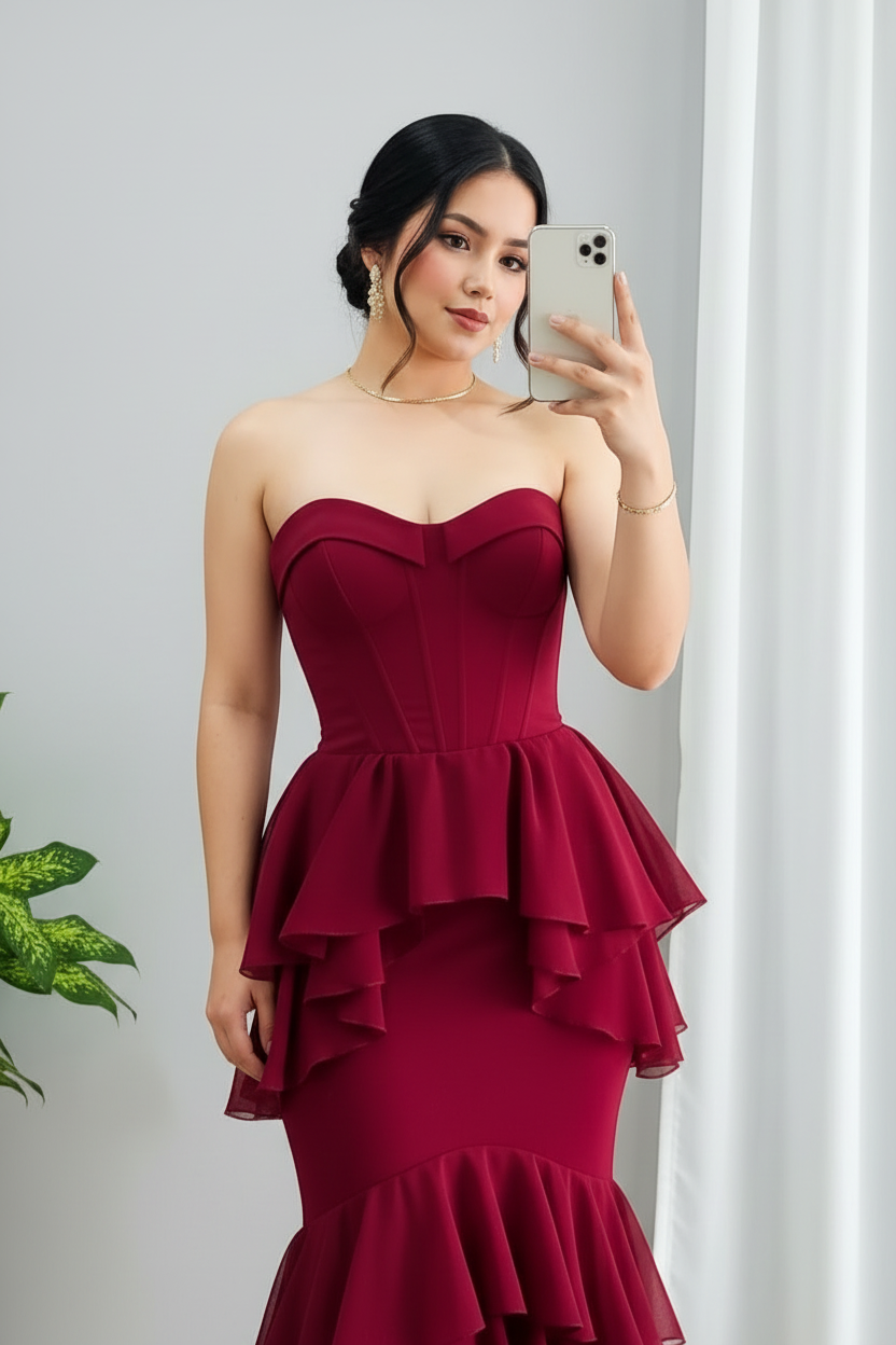 Vestido Midi Vino — Escote Corazón Strapless, Corsé Estructurado & Volantes Escalonado cod.900