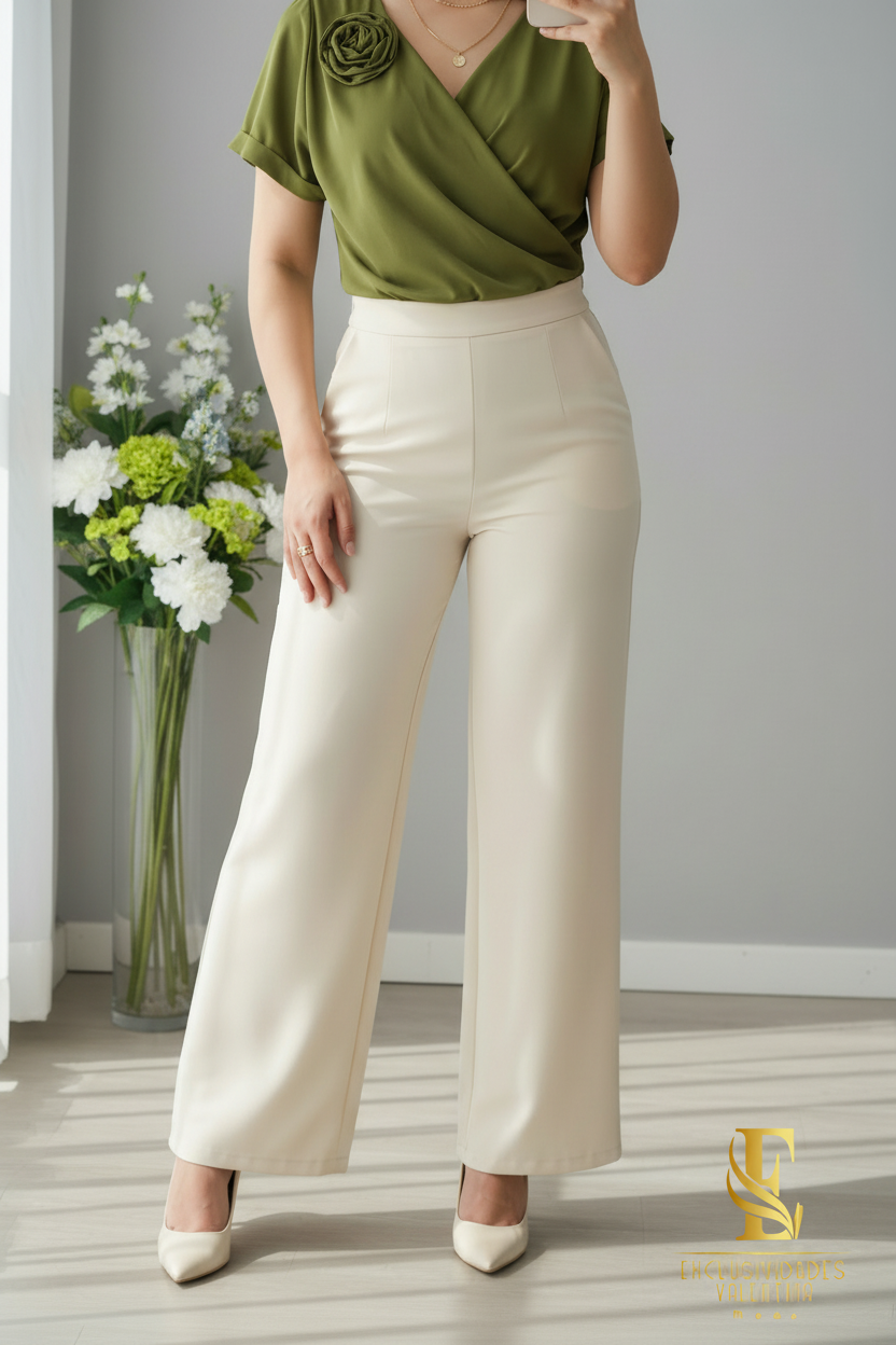 Pantalón Palazzo Crema | Tiro Alto Pierna Ancha cod.P504