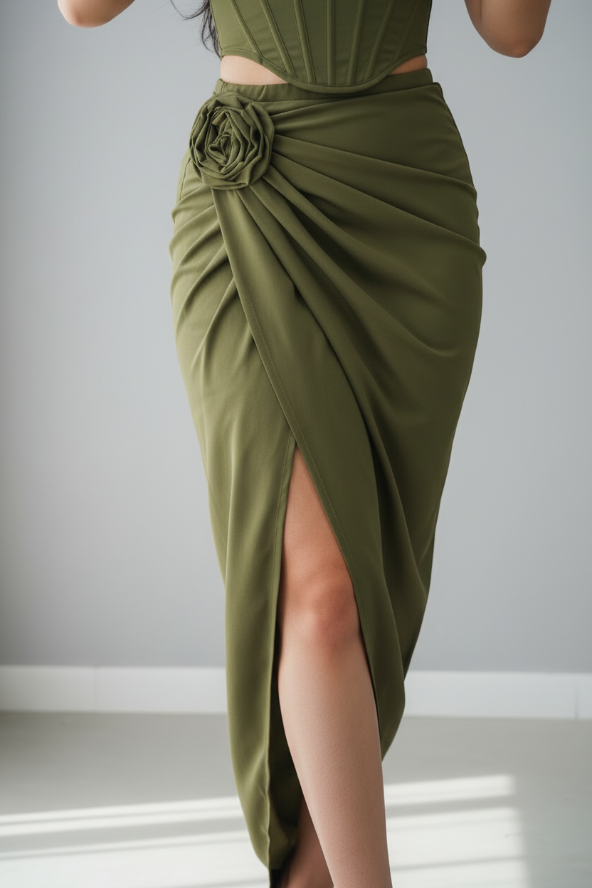 Conjunto Verde Oliva Top Un Hombro Corset Rosa 3D y Falda Drapeada Midi cod.760
