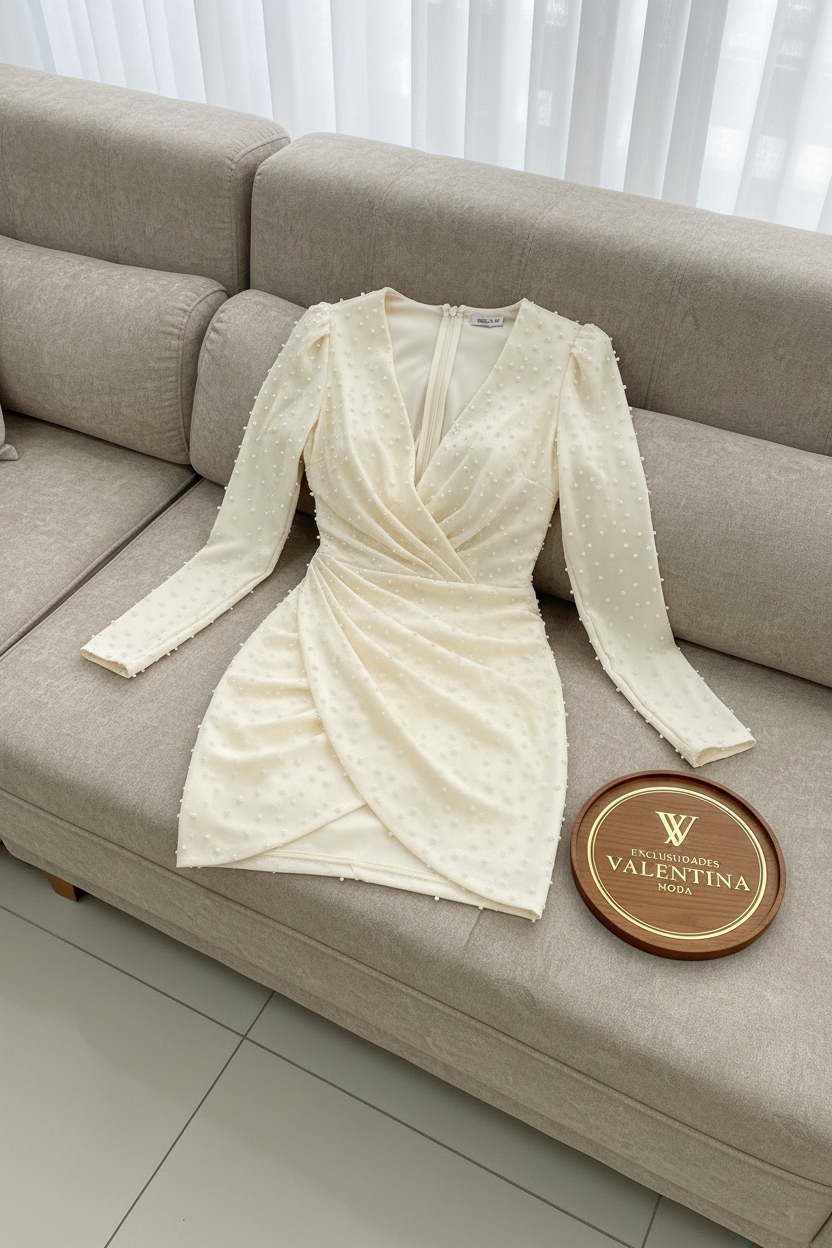 Vestido Crema Manga Larga con Perlas cod.947