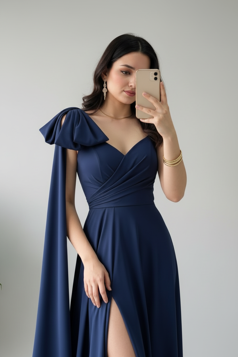 Vestido Azul Marino Escote V Cruzado Moño Capa y Abertura Lateral Alta cod.822