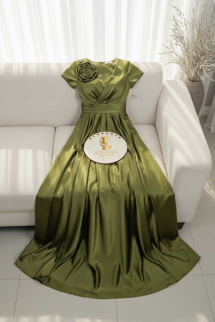 Vestido Satinado Verde Olivo con Rosa