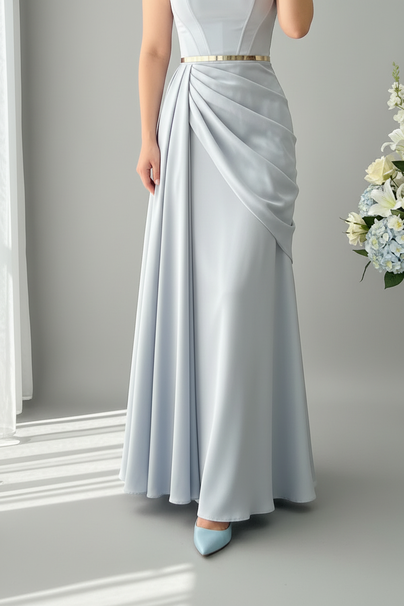 Vestido Azul Hielo Satén Manga Corta Cuello Cuadrado Cinturón Dorado Drapeado cod.V0038