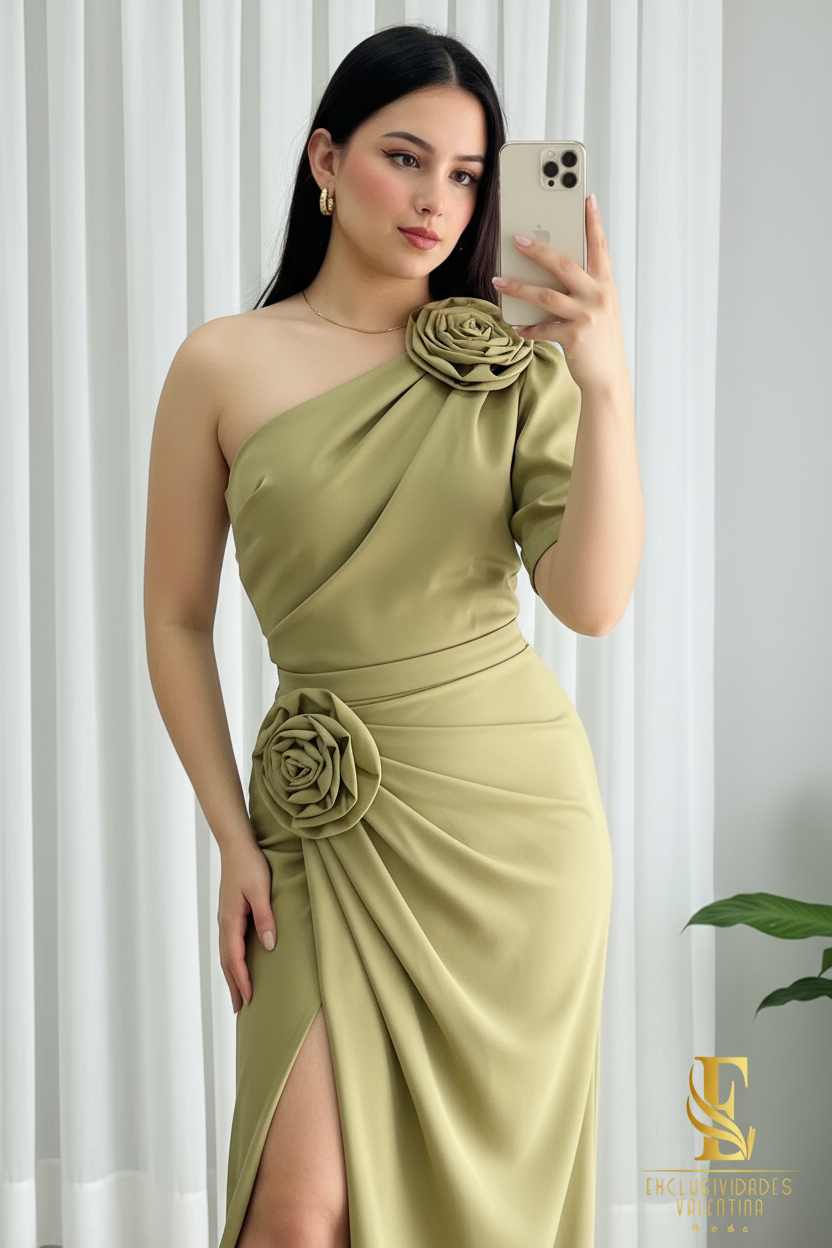 Vestido Satinado Un Hombro Verde Sage con Rosas cod.0056