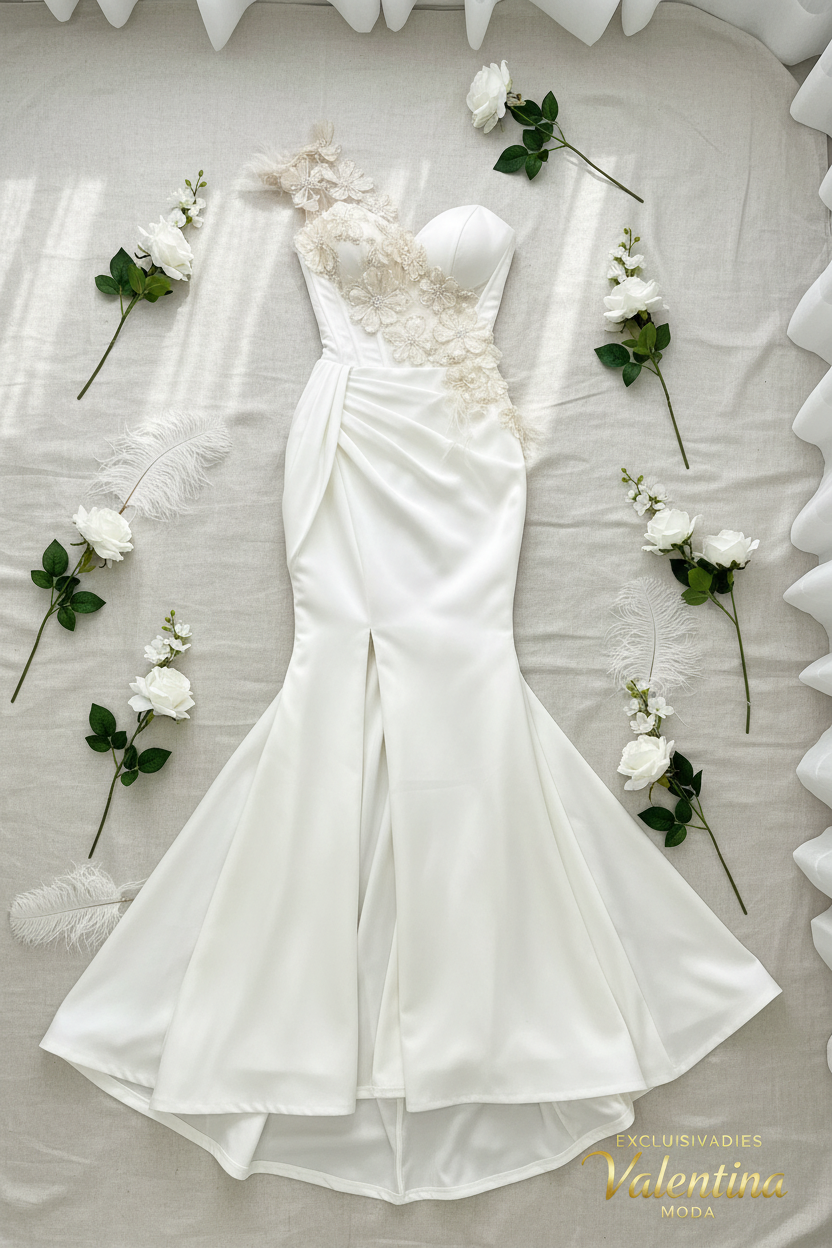 Vestido Blanco Sirena Hombro Único Flores 3D Plumas y Cola — Novia y Gala de Lujo cod.0069