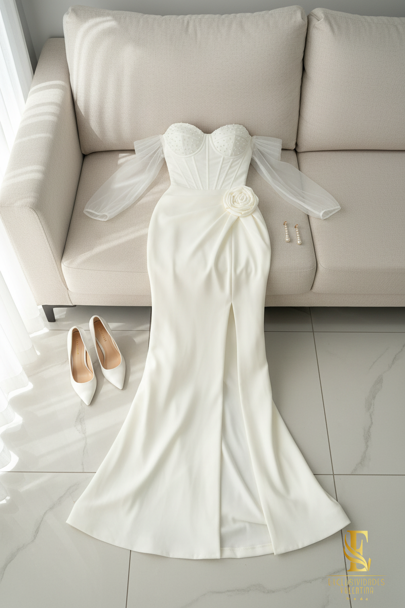 Vestido Blanco Off-Shoulder Corset con Rosa 3D y Abertura cod.V287