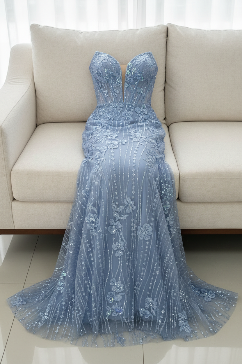 Vestido Azul Cielo Sirena Strapless Encaje Floral Bordado cod.V686