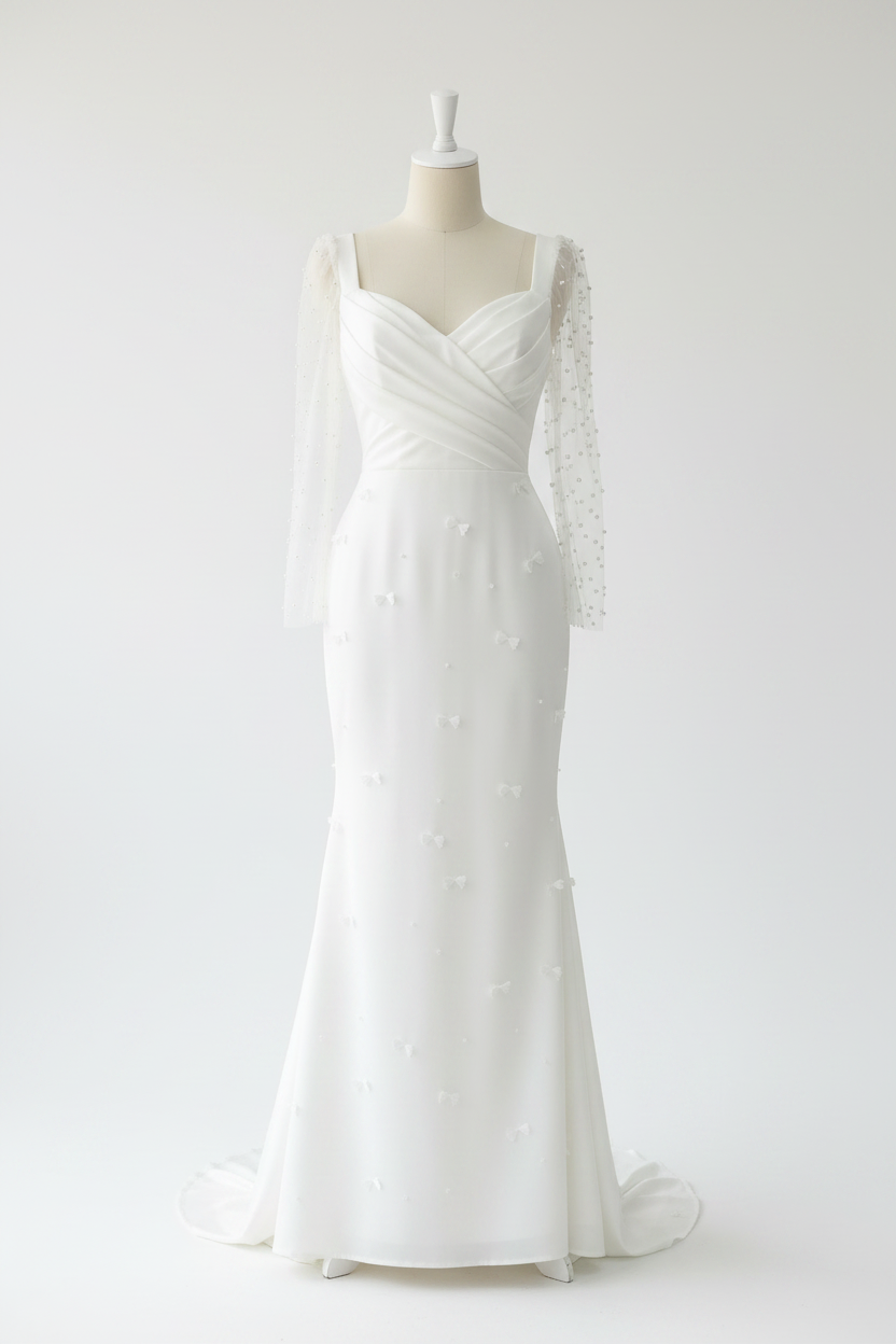 Vestido Nupcial Blanco Sirena Manga Larga de Tul con Perlas y Flores 3D cod.V967