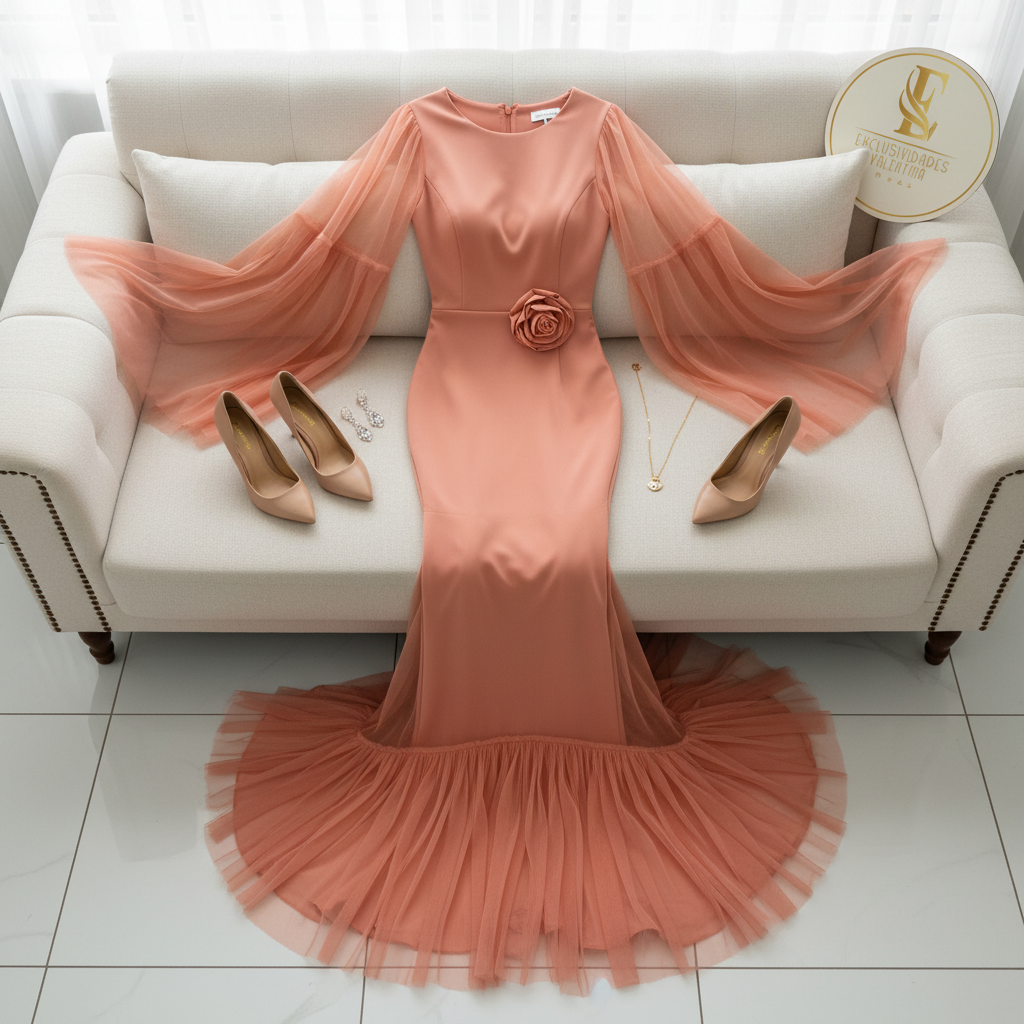 Vestido Salmón Sirena Tul Campana Rosa D cod. 604