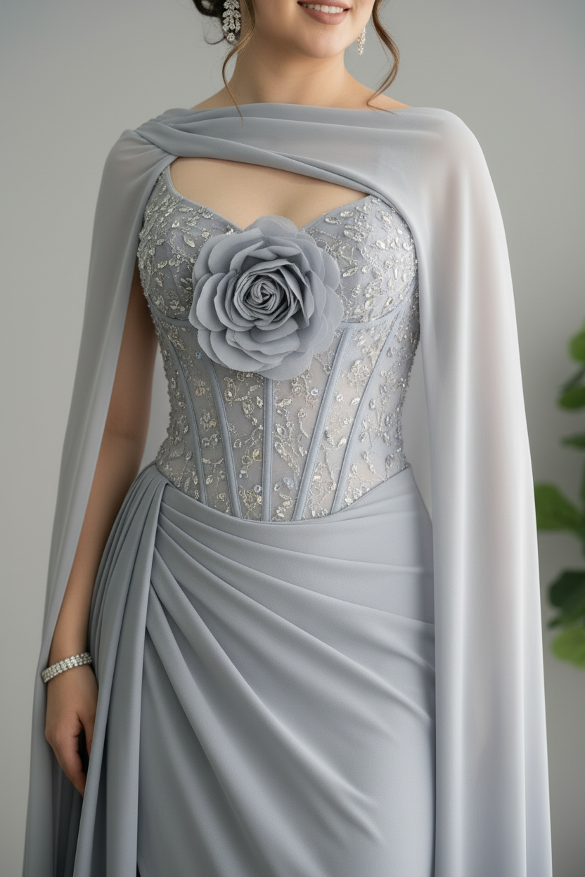 Vestido Gris con Capa y Rosa D cod.714