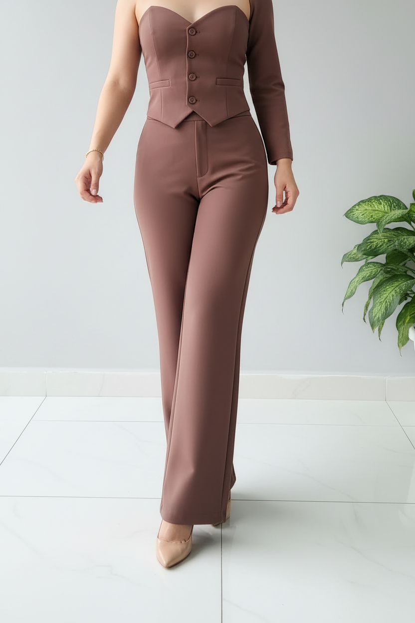 Conjunto Mocha Corset – Top Corazón con Manga & Pantalón Palazzo cod.668