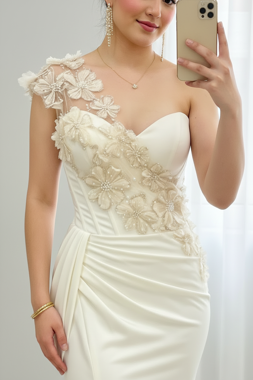Vestido Blanco Sirena Hombro Único Flores 3D Plumas y Cola — Novia y Gala de Lujo cod.0069