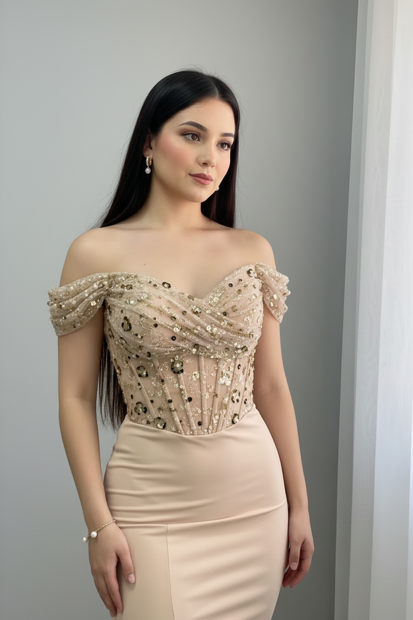 Vestido Nude Dorado Off-Shoulder Sirena Corset Pedrería con Flecos cod.V685