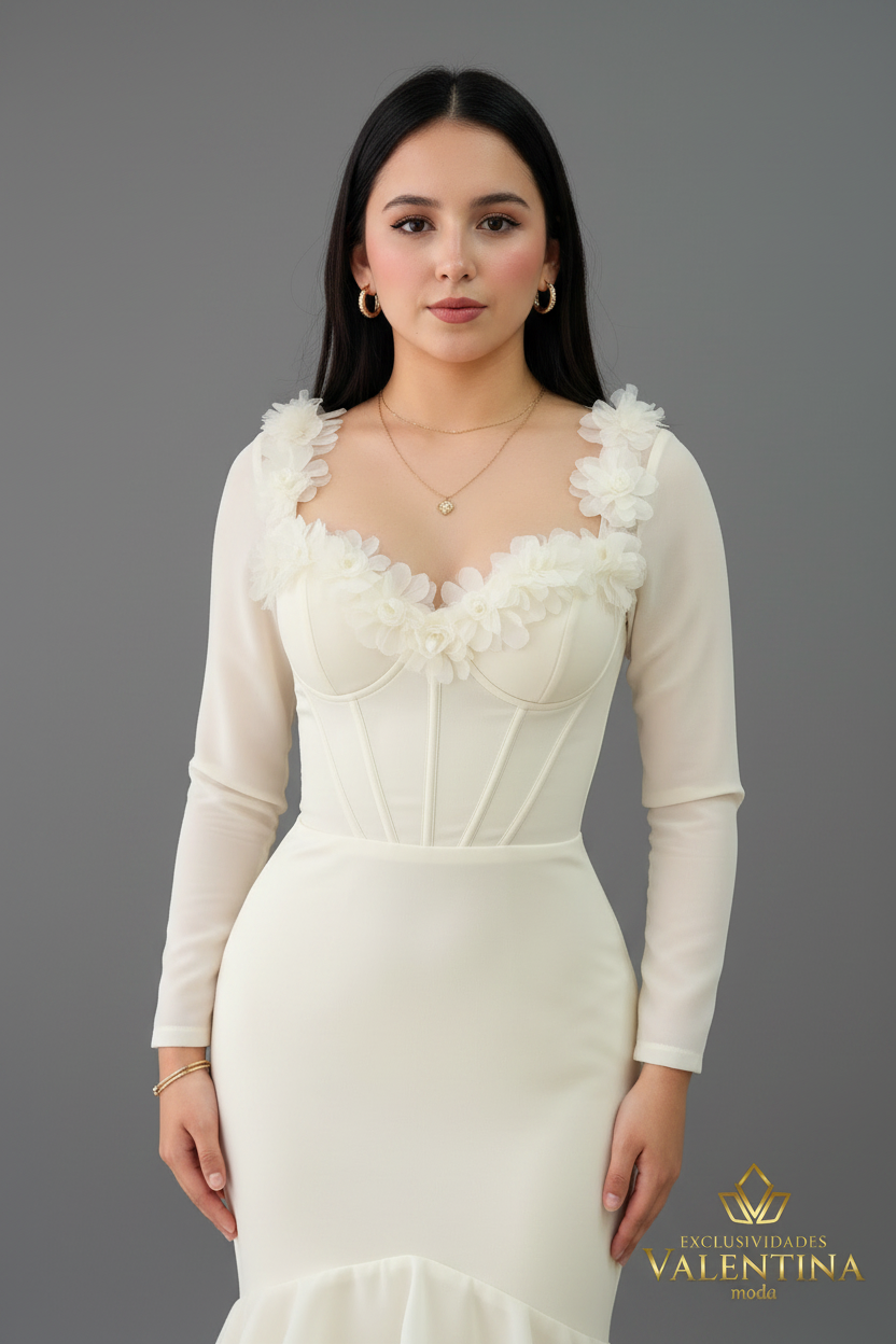 Vestido Blanco Marfil Manga Larga Corset con Volantes en Cascada cod.V537