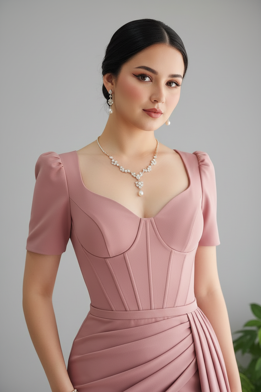 Vestido Sirena Rosa Palo — Corset Ballenas, Escote Corazón & Drapeado Lateral cod.883