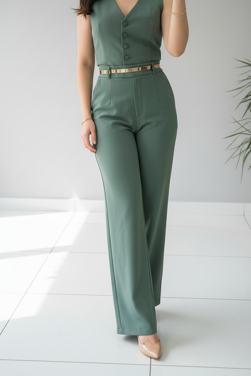 Conjunto Dos Piezas Verde Sage Chaleco con Botones y Pantalón Palazzo cod.533