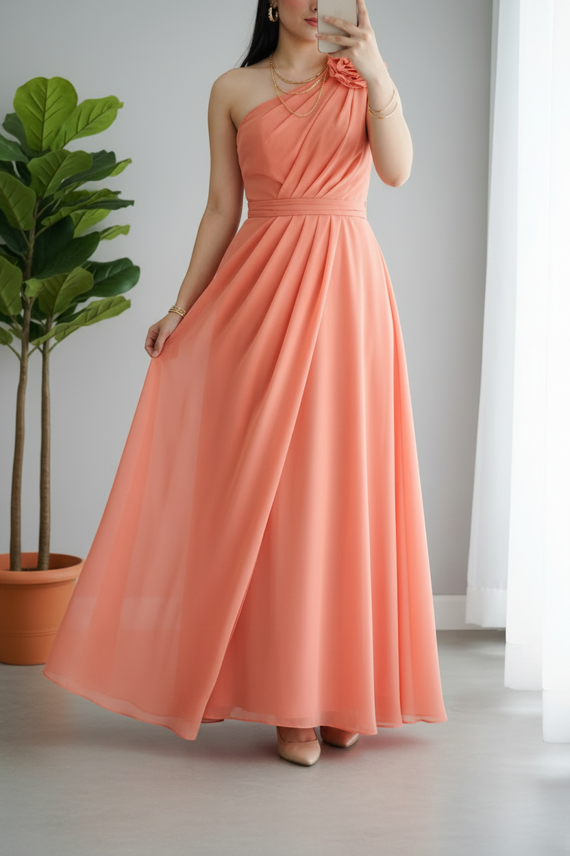 Vestido Coral One-Shoulder Maxi Gasa con Rosa D cod.951