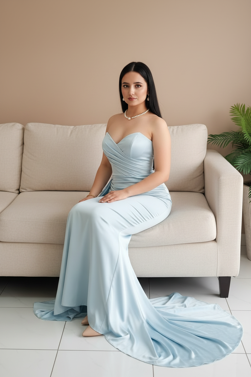 Vestido Celeste Sirena – Gown Azul Cielo Strapless con Cola cod.672