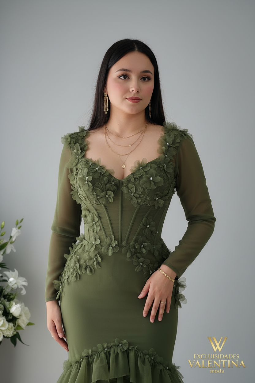 Vestido Verde Militar Manga Larga Corset con Bordado Floral y Volantes cod.V541