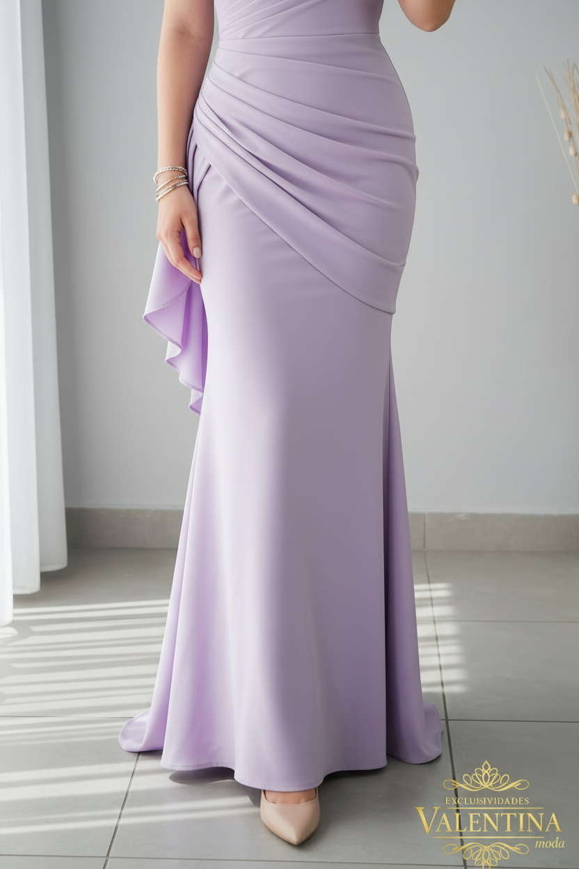 Vestido Lila Sin Mangas Sirena con Escote V y Volante Lateral cod.525