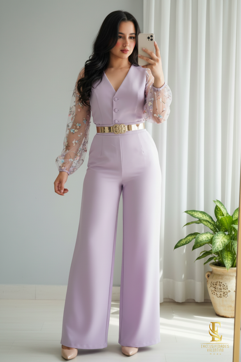 Conjunto Lila — Top Chaleco Mangas Bordadas & Palazzo cod.0043