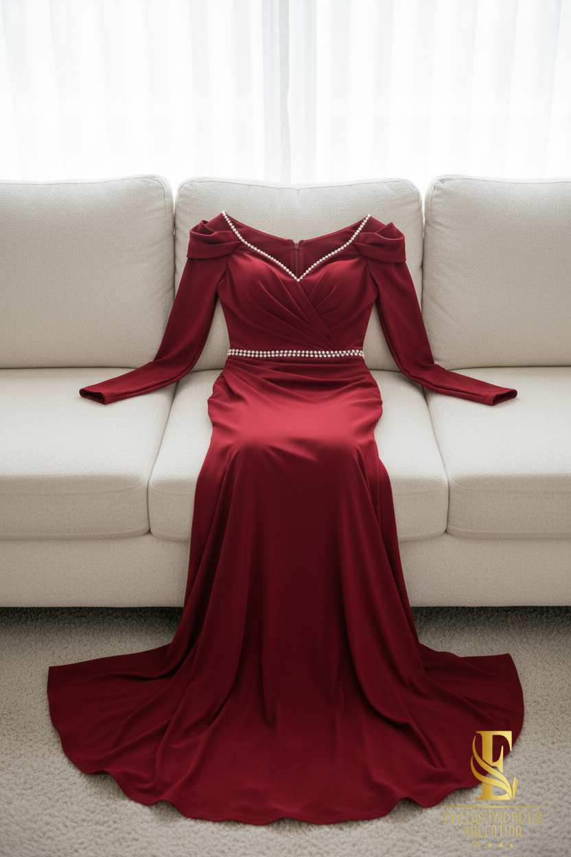 Vestido Sirena Rojo Vino con Cinturón Doble de Cristales Cod.V243