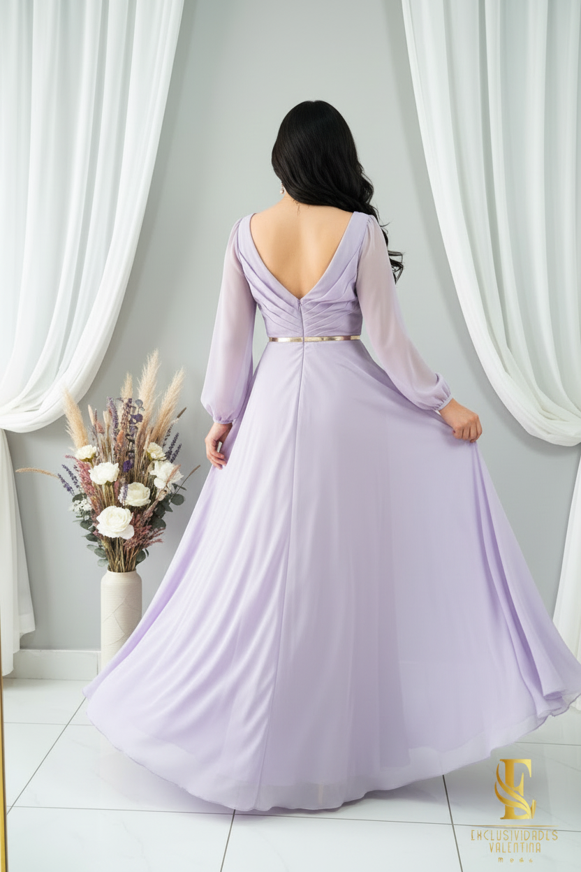 Vestido Lila Lavanda Largo Manga Globo Escote V con Cinturón Lazo Dorado cod.V299